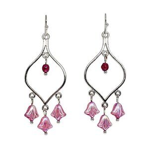 Handmade Pink Czech Lily Flower Beads Silver Chandelier Dangle Boho Earrings